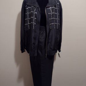 EVR, 2pc Jet Black, Walking Pant Set w/Bead & Shells Design, Size-L, New